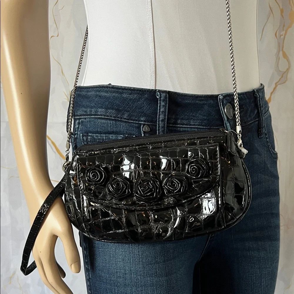 *Brighton Mi Amore croc small crossbody bag in black patent leather with rosette